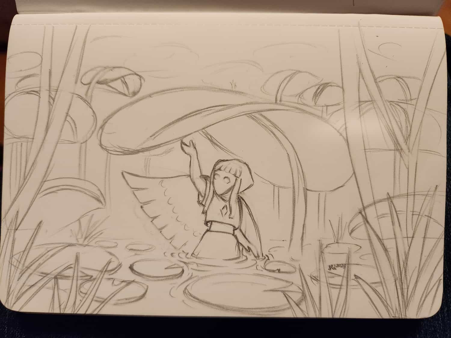 A sketch of a female character (sky kid) standing in thigh-high water, sheltered under a leaf. She is reaching up to touch the leaf. Her cape is flared. Around her a lily pads and other reeds and leaves coming up out of the water.
