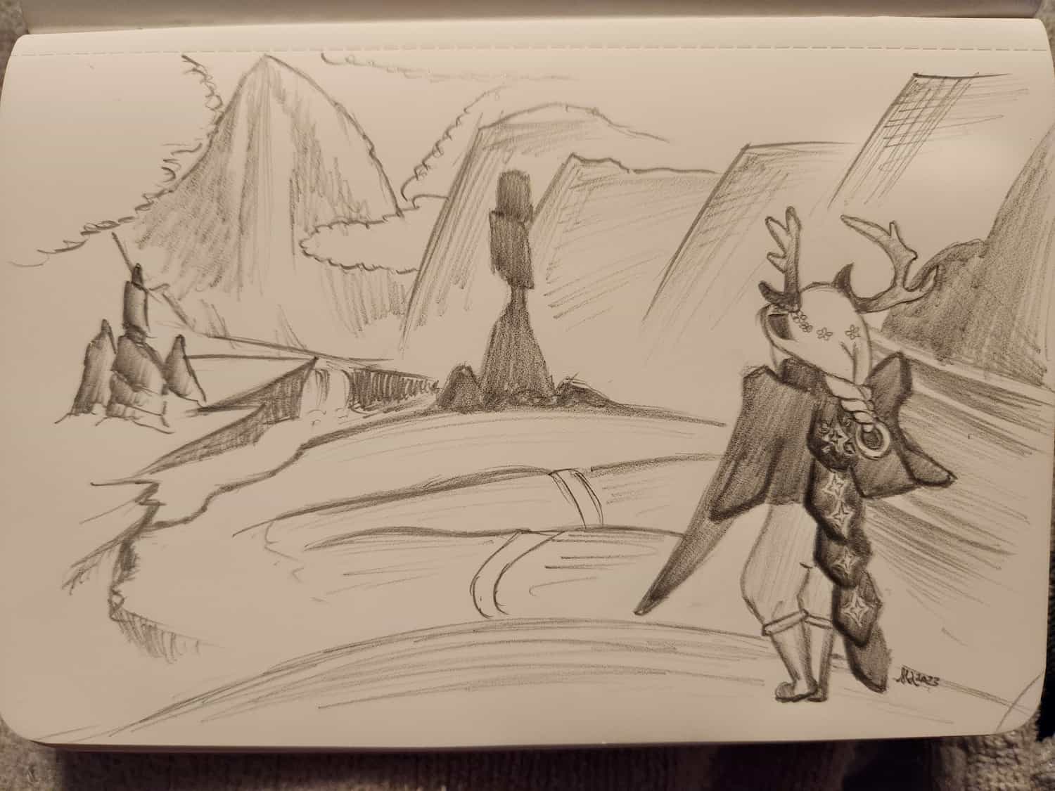 Sketch of a female character (sky kid) seen from the back, standing on an outcrop overlooking a valley with rolling hills, mountains in the distance, and a dark rock formation in the mid-field. The sky kid has a dark krill cape sitting folded about her shoulders. She has light braided hair with a ring at the end of the braid, and a flower crown. Antlers protrude from her head.