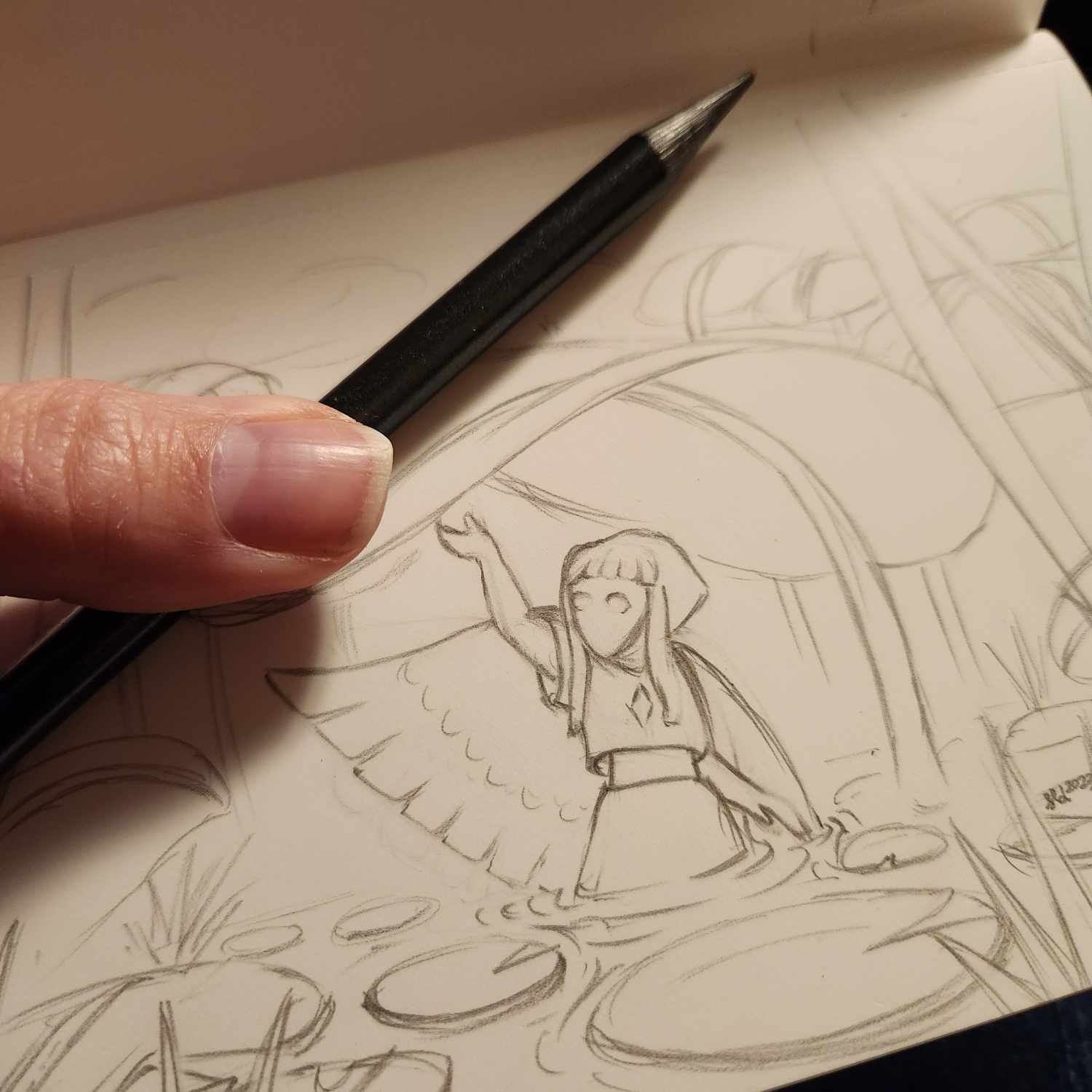 A thumb holds a black solid lead pencil across a sketch on white paper. Next photo has full description of picture.