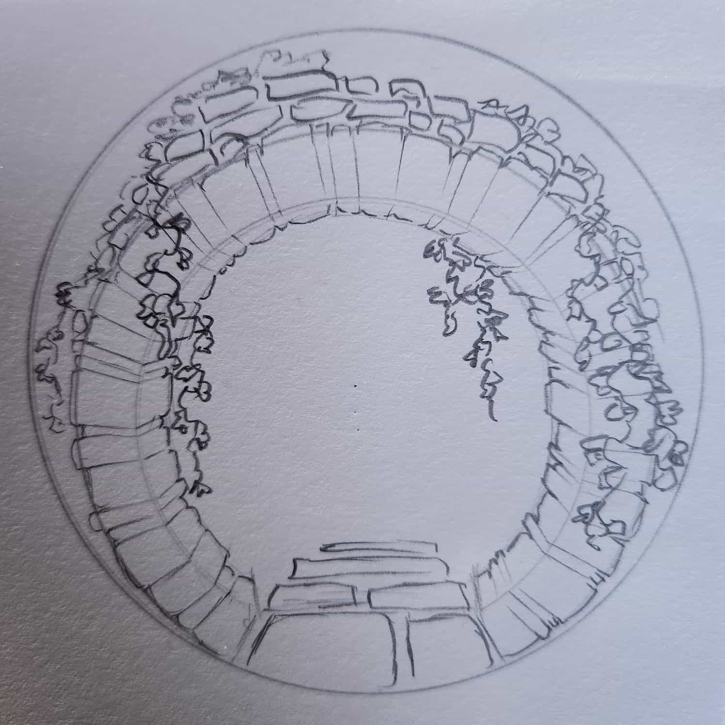 A small sketch of the design idea for the canvas. There is a round stone arch with a path leading through. The arch has some bricks stacked on top and vines dangling from it.