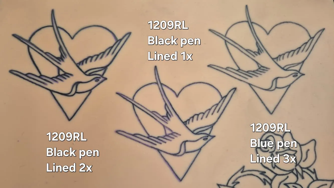 A practice tattoo skin showing the same design three times, with notes on which needle, tattoo pen, and how many times each was lined.