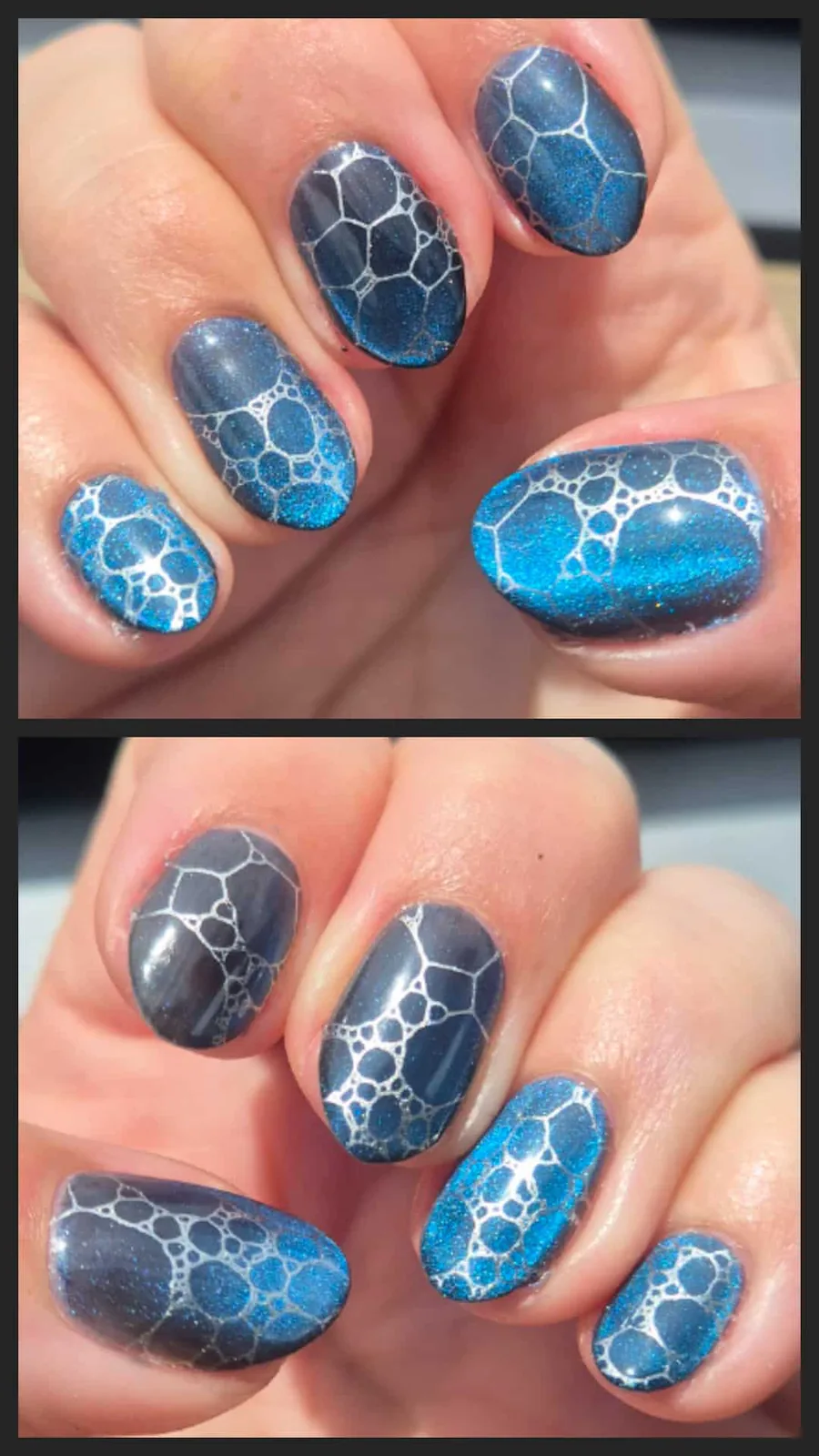 Shimmery blue nails with a silver bubble design stamped over the top.